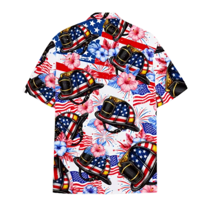 Firefighter Helmet American Flag Hawaiian Shirt For Men, Patriotic Firefighter Hawaiian Shirts HE0589