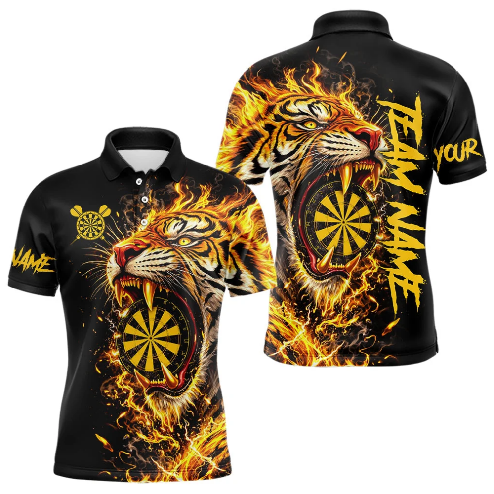 Custom Tiger Yellow Flame Darts Men Polo Shirt, Custom Tiger Dart Team Shirt DE0117