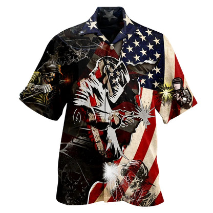 American Flag Welder Hawaiian Shirt For Mens, Welder Patriotic Hawaiian Shirts HE0417