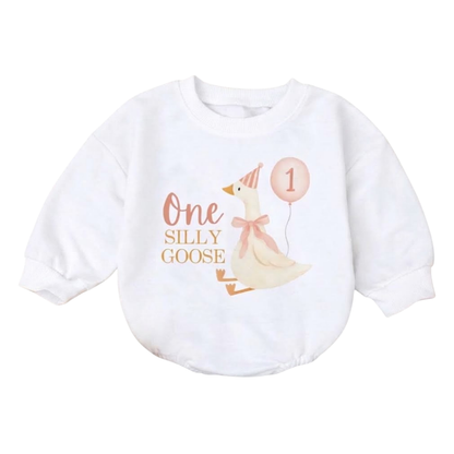 One Silly Goose Birthday Baby Romper Sweatshirt, Baby First Birthday Goose Romper Sweatshirt BB0087