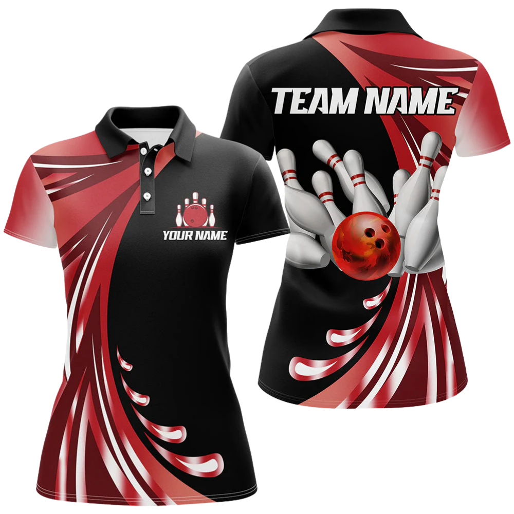 Custom Womens Red Black Bowling Team Polo Shirt, Custom Bowling Shirts For Ladies BZ0558