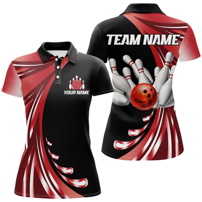 Custom Womens Red Black Bowling Team Polo Shirt, Custom Bowling Shirts For Ladies BZ0558