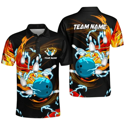 Custom Thunder Flame Bowling Mens Polo Shirt, Custom Flame Bowling Shirts For Team BZ0581