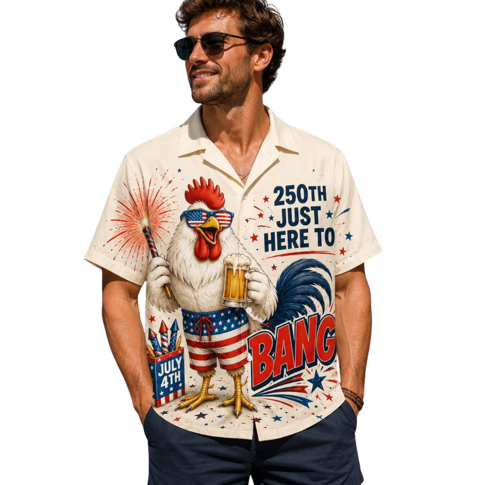 250th Just Here To Rooster Chicken Men's Hawaiian Shirt, Rooster 4th Of July Hawaiian Shirts HE0474