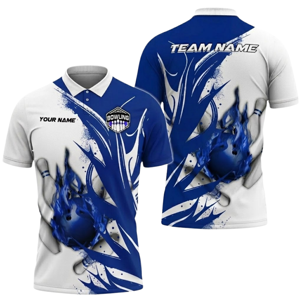 Fire Ball Custom Red And White Bowling Polo Shirt For Men, Custom Flame Bowling Team Shirts BZ0760