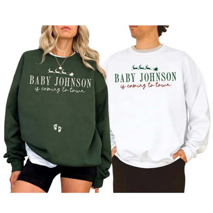 Baby Is Coming Soon Personalized Pregnancy Announcement Christmas Sweatshirt For Couple, Custom Baby Announcement Matching Xmas Sweatshirt  ET1485