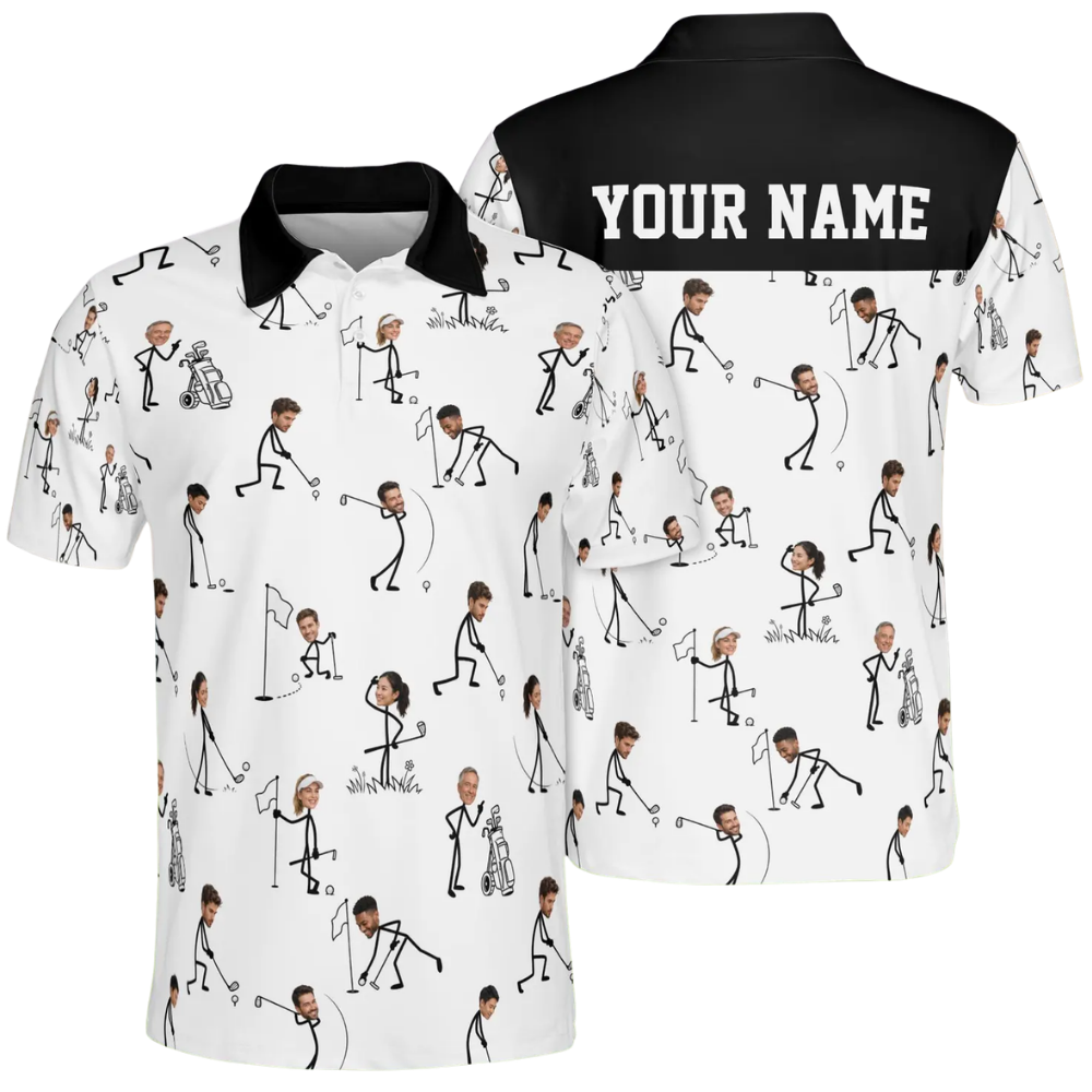 Custom Face Stick Figure Golf Mens Polo Shirt, Custom Funny Photo Golf Shirts GE0595
