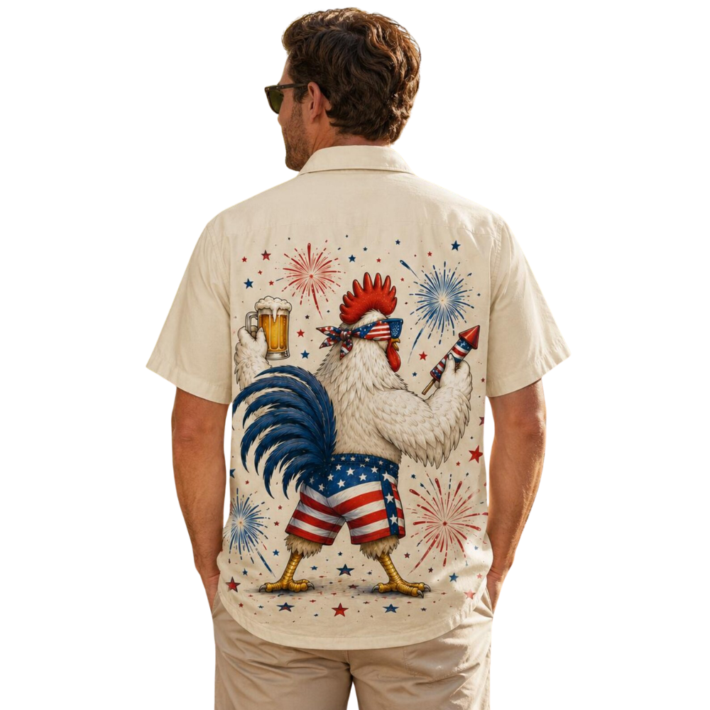 250th Just Here To Rooster Chicken Men's Hawaiian Shirt, Rooster 4th Of July Hawaiian Shirts HE0474