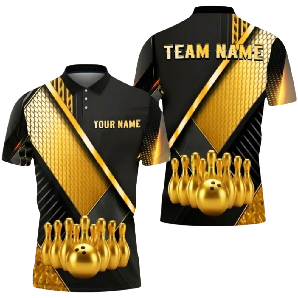 Custom Team Black And Gold Bowling Polo Shirt Men, Custom Bowling Shirts BZ0749