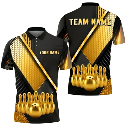 Custom Team Black And Gold Bowling Polo Shirt Men, Custom Bowling Shirts BZ0749