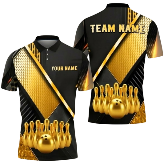 Custom Team Black And Gold Bowling Polo Shirt Men, Custom Bowling Shirts BZ0749