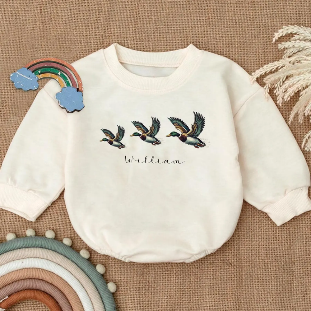 Personalized Flying Mallard Duck Baby Romper Sweatshirt, Custom Baby Name Duck Hunting Romper Sweatshirt BB0115