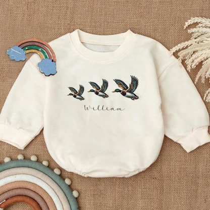 Personalized Flying Mallard Duck Baby Romper Sweatshirt, Custom Baby Name Duck Hunting Romper Sweatshirt BB0115