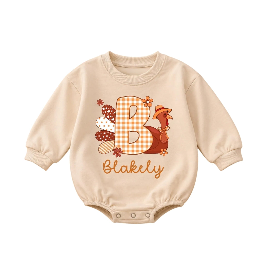 Custom Baby Name Turkey Thanksgiving Baby Romper Sweater, Personalized Thanksgiving Baby Romper Sweatshirt BB0214