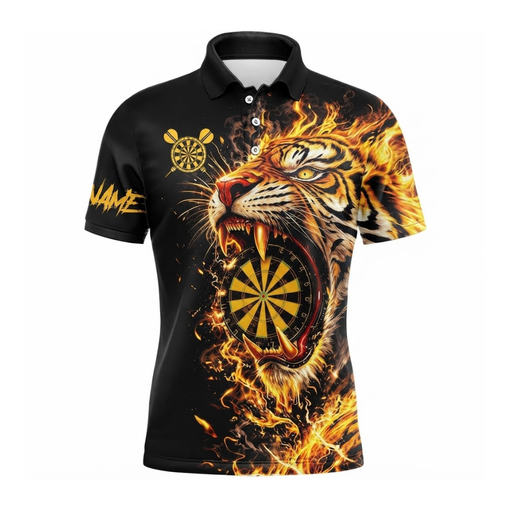 Custom Tiger Yellow Flame Darts Men Polo Shirt, Custom Tiger Dart Team Shirt DE0117