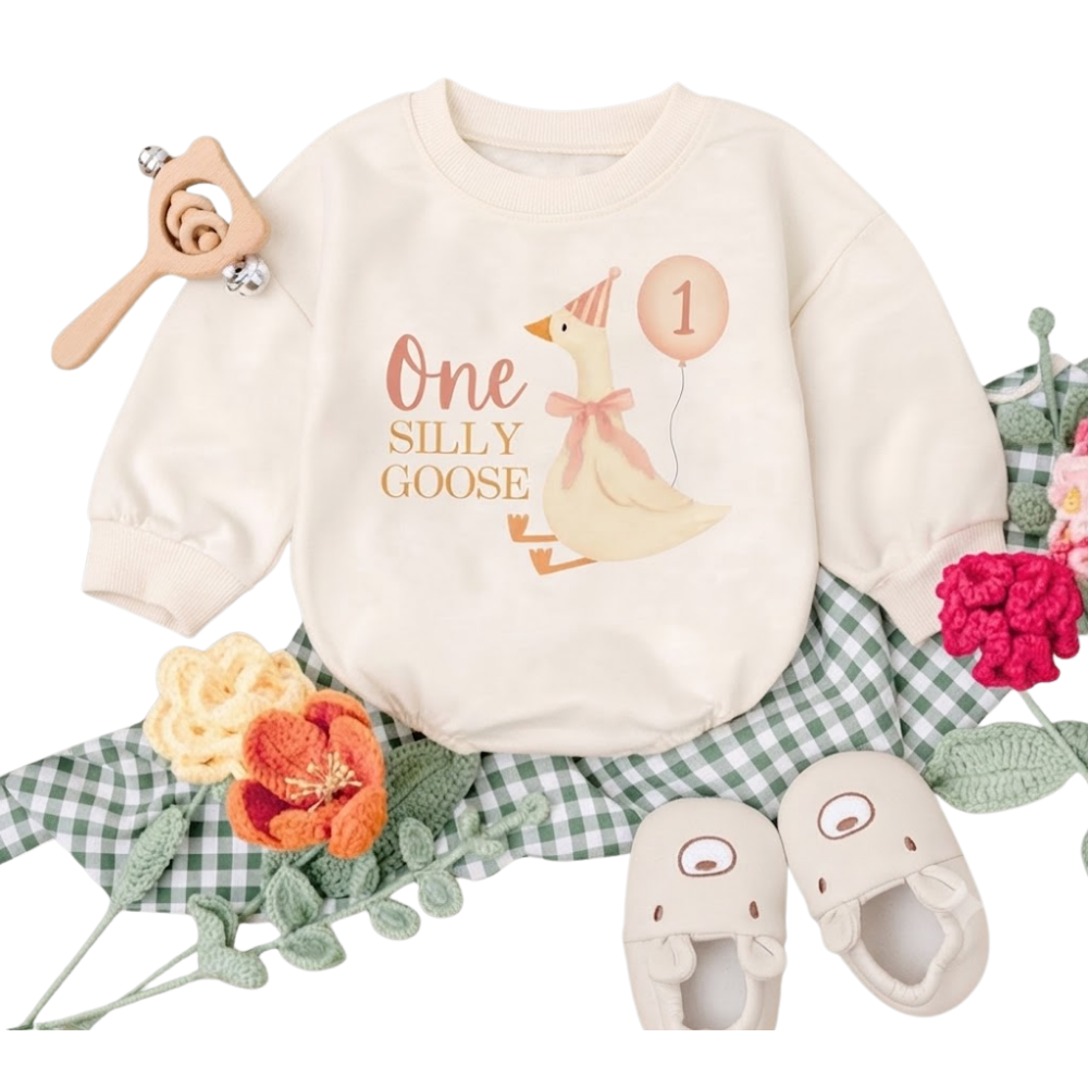 One Silly Goose Birthday Baby Romper Sweatshirt, Baby First Birthday Goose Romper Sweatshirt BB0087