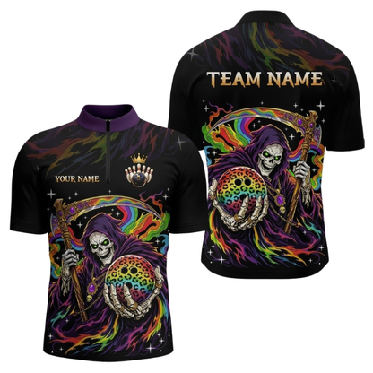 Custom Grim Reaper Rainbow Men's Bowling Jersey Shirts, Custom Skull Bowling Team Shirts BZ1109