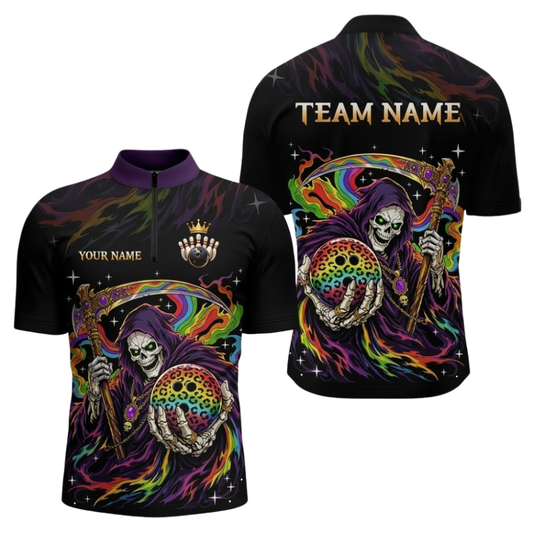 Custom Grim Reaper Rainbow Men's Bowling Jersey Shirts, Custom Skull Bowling Team Shirts BZ1109
