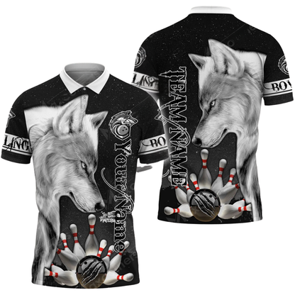 Custom Wolf Black Grey Mens Bowling Polo Shirt, Custom Wolf Team Bowling Shirts BZ0600