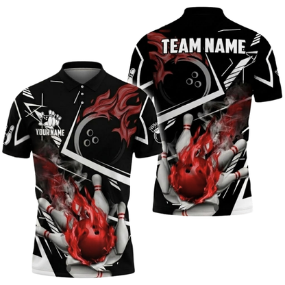 Custom Flaming Ball Red Bowling Polo Shirt For Men, Custom Flame Bowling Shirts Team BZ0663