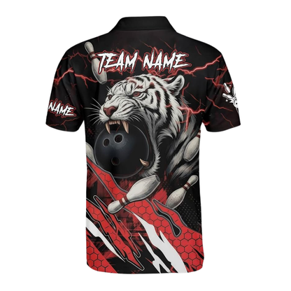 Custom Tiger Black And Red Bowling Polo Shirt For Men, Custom Tiger Bowling Team Shirts BZ0781