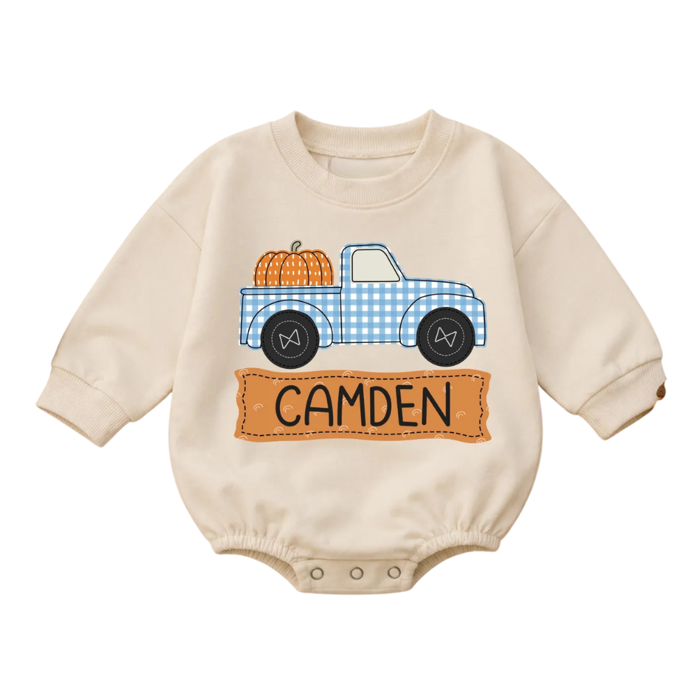 Custom Pumpkin Truck Gingham Baby Romper Sweatshirt, Custom Thanksgiving Fall Baby Romper Sweater BB0862