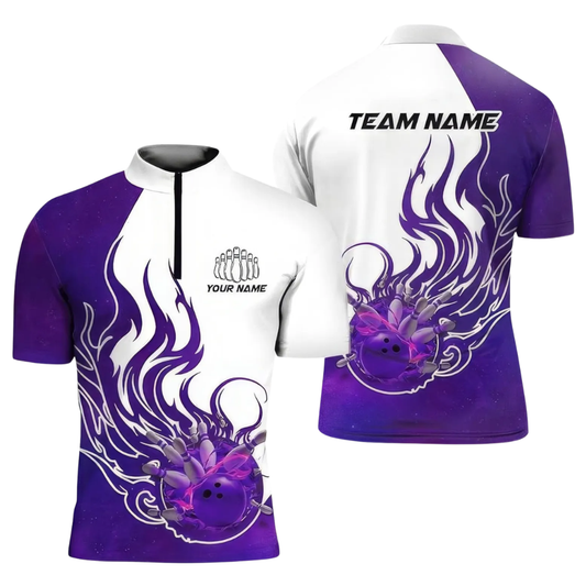 Custom Flame Purple And White Bowling Men Jersey, Custom Flame Bowling Team Shirts BE0190