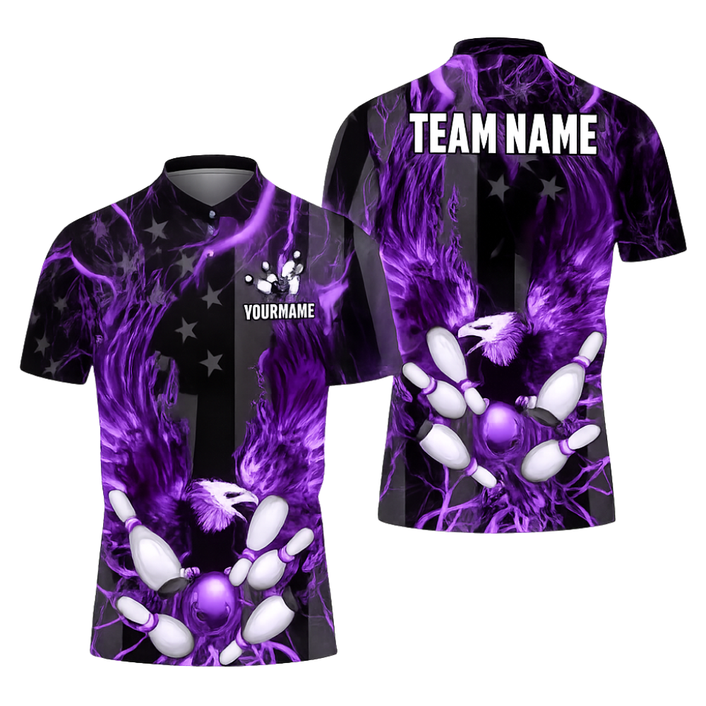 Custom Eagle USA Flag Men's Black Blue Bowling Polo Shirt, Custom Eagle Bowling Team Shirts BZ0442