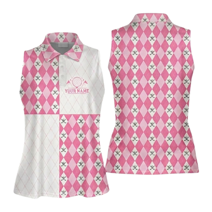 Custom Name Argyle Sleeveless Golf Shirt For Ladies, Custom Pink Argyle Golf Shirt Women GE0596