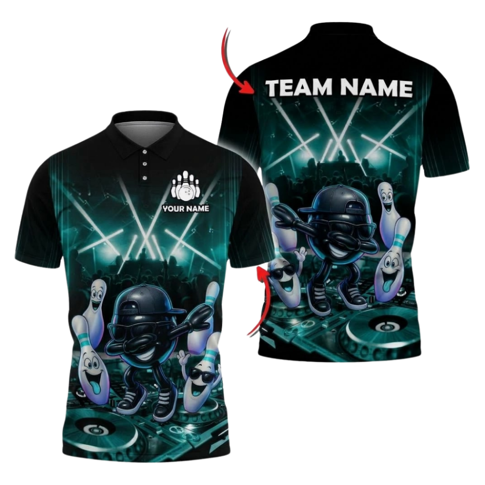 Custom Funny Ball DJ Bowling Polo Shirts Mens Black Blue, Custom Funny Bowling Shirt For Team BZ1086