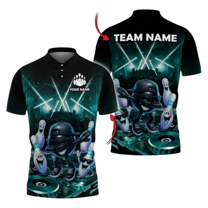 Custom Funny Ball DJ Bowling Polo Shirts Mens Black Blue, Custom Funny Bowling Shirt For Team BZ1086