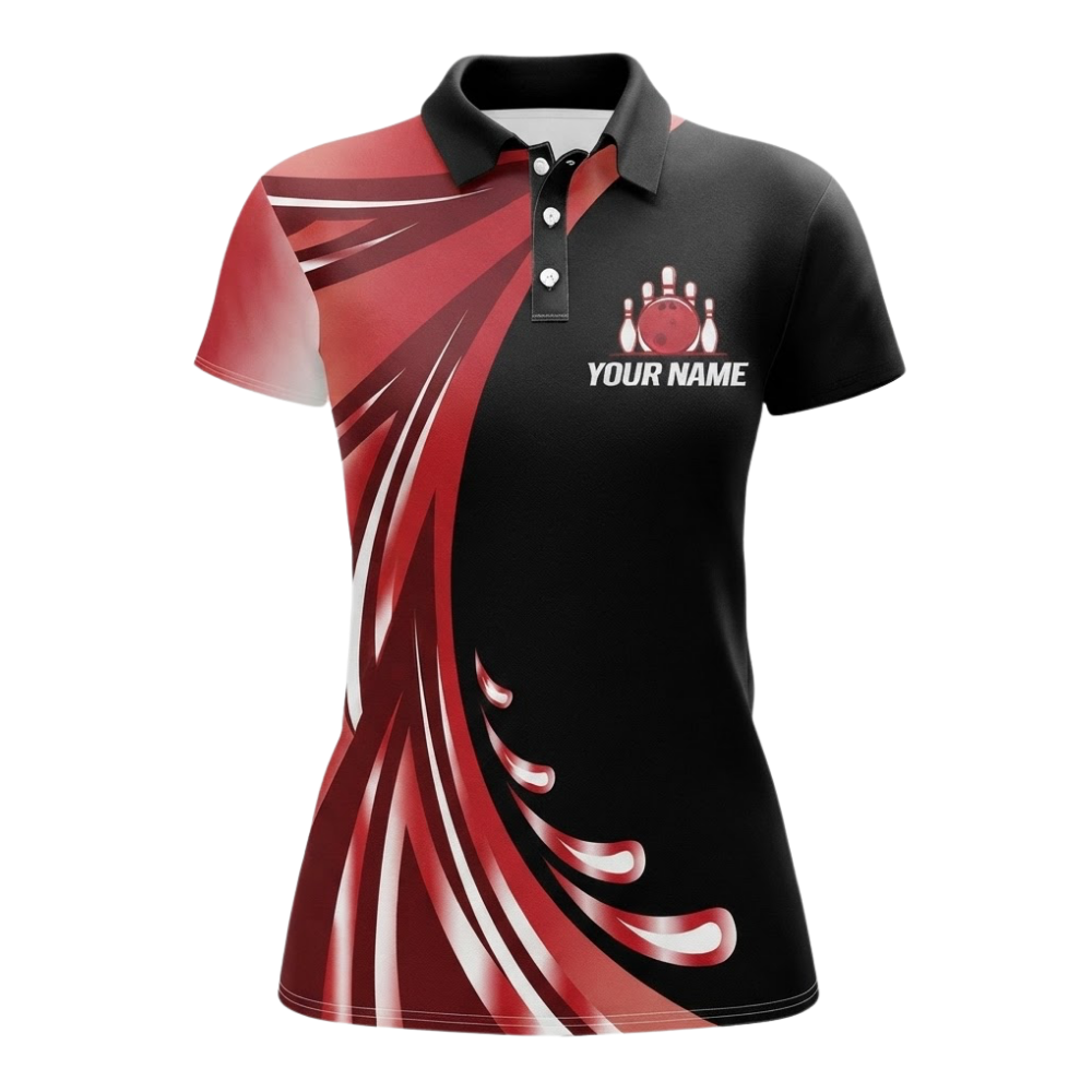 Custom Womens Red Black Bowling Team Polo Shirt, Custom Bowling Shirts For Ladies BZ0558