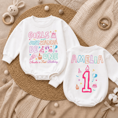 Girls Just Wanna Be One Custom Baby Name Romper Sweatshirt, Personalized First Birthday Baby Girl Romper Sweater BB0972