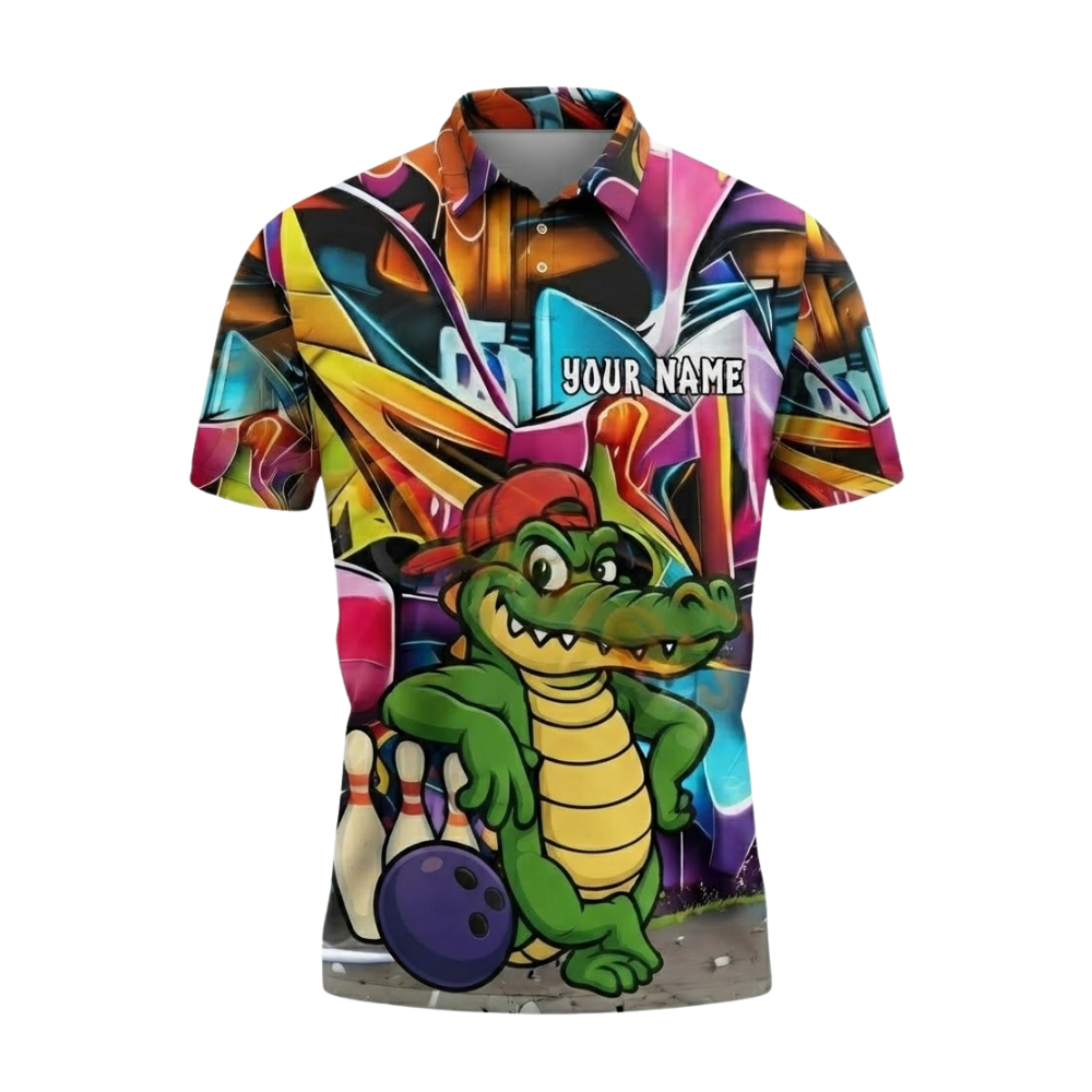 Custom Funny Alligator Graffiti Bowling Mens Polo Shirt, Custom Alligator Bowling Team Shirts BZ0526