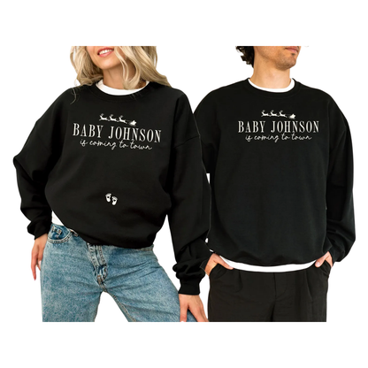 Baby Is Coming Soon Personalized Pregnancy Announcement Christmas Sweatshirt For Couple, Custom Baby Announcement Matching Xmas Sweatshirt  ET1485