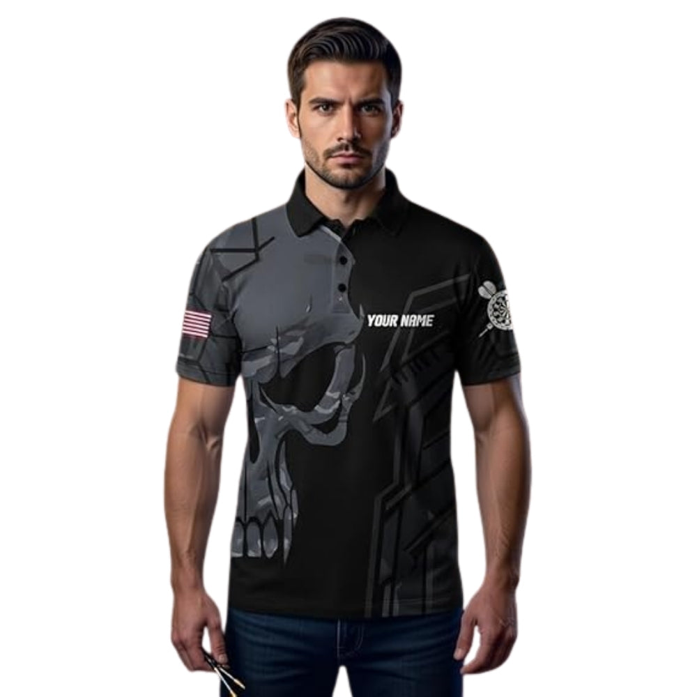 Custom Skull Black Darts Polo Shirt For Men, Custom Skull Darts Team Shirts DE0098