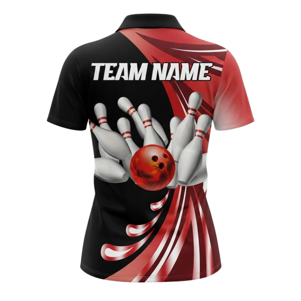 Custom Womens Red Black Bowling Team Polo Shirt, Custom Bowling Shirts For Ladies BZ0558