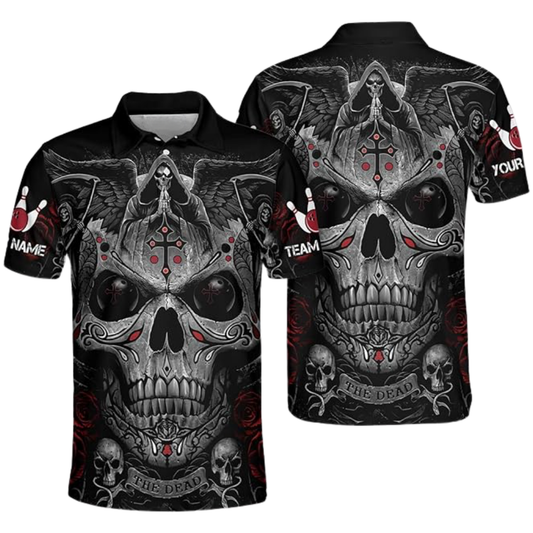Reaper Cross Custom Mens Black Bowling Polo Shirt, Custom Skull Bowling Team Shirt BZ0782