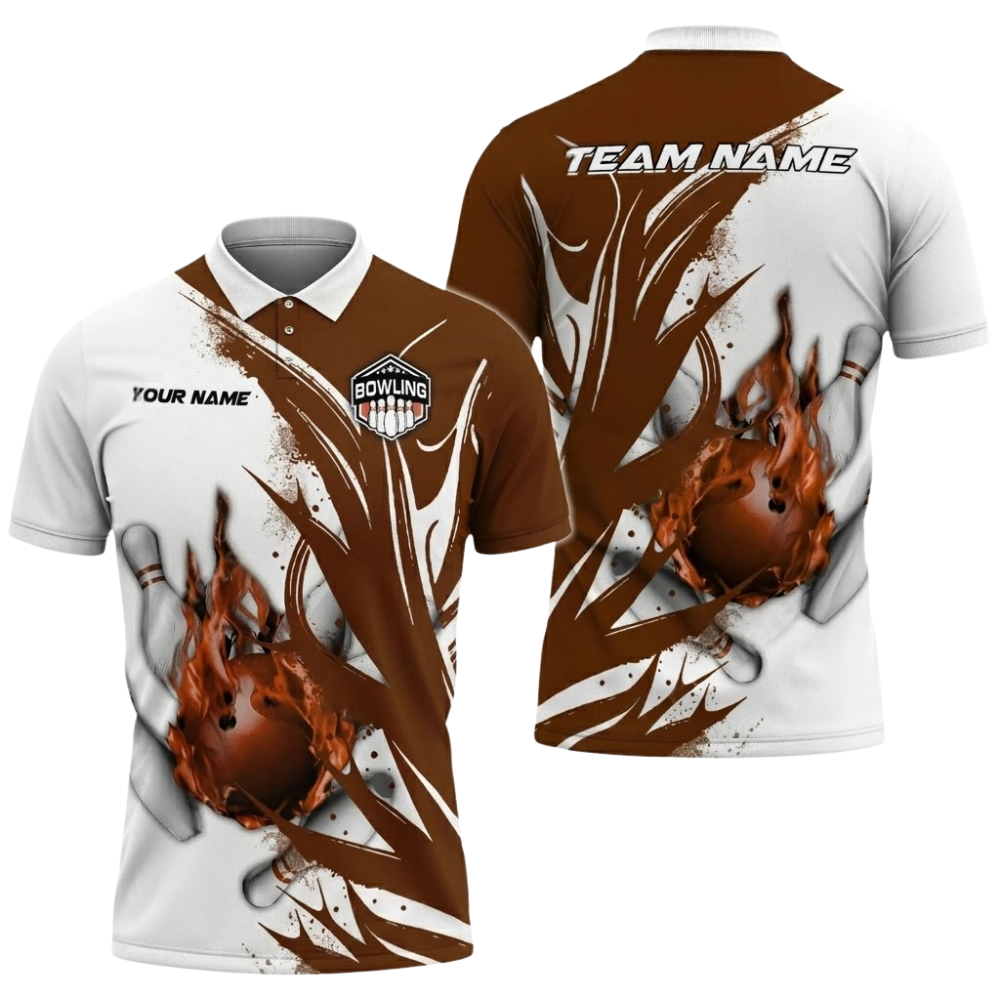 Fire Ball Custom Red And White Bowling Polo Shirt For Men, Custom Flame Bowling Team Shirts BZ0760