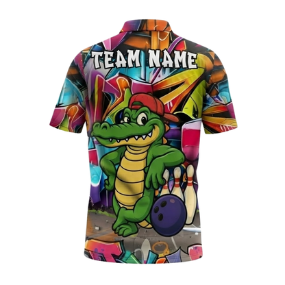 Custom Funny Alligator Graffiti Bowling Mens Polo Shirt, Custom Alligator Bowling Team Shirts BZ0526