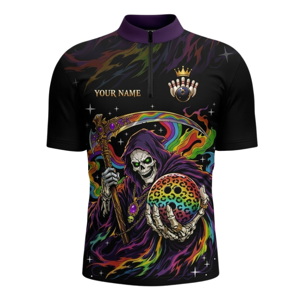 Custom Grim Reaper Rainbow Men's Bowling Jersey Shirts, Custom Skull Bowling Team Shirts BZ1109