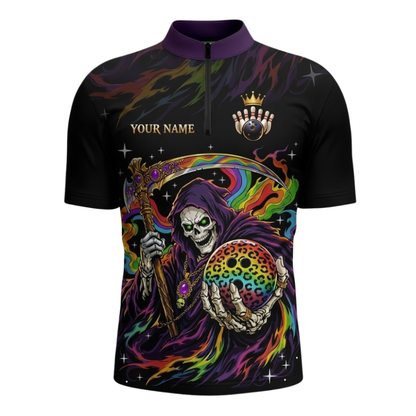 Custom Grim Reaper Rainbow Men's Bowling Jersey Shirts, Custom Skull Bowling Team Shirts BZ1109