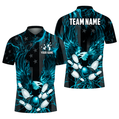 Custom Eagle USA Flag Men's Black Blue Bowling Polo Shirt, Custom Eagle Bowling Team Shirts BZ0442