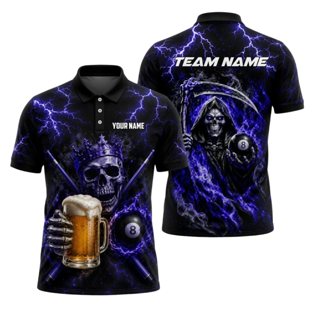Custom Skull Beer 8 Ball Polo Shirt For Men, Custom Skull 8 Ball Pool Team Shirt BIZ0335