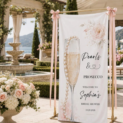Pearls And Prosecco Custom Bridal Party Fabric Welcome Banner, Custom Champagne Bridal Shower Welcome Sign WD0410