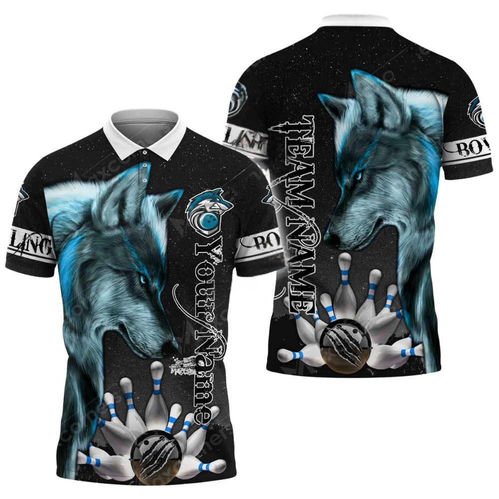 Custom Wolf Black Grey Mens Bowling Polo Shirt, Custom Wolf Team Bowling Shirts BZ0600