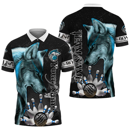 Custom Wolf Black Grey Mens Bowling Polo Shirt, Custom Wolf Team Bowling Shirts BZ0600