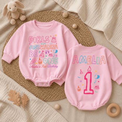 Girls Just Wanna Be One Custom Baby Name Romper Sweatshirt, Personalized First Birthday Baby Girl Romper Sweater BB0972