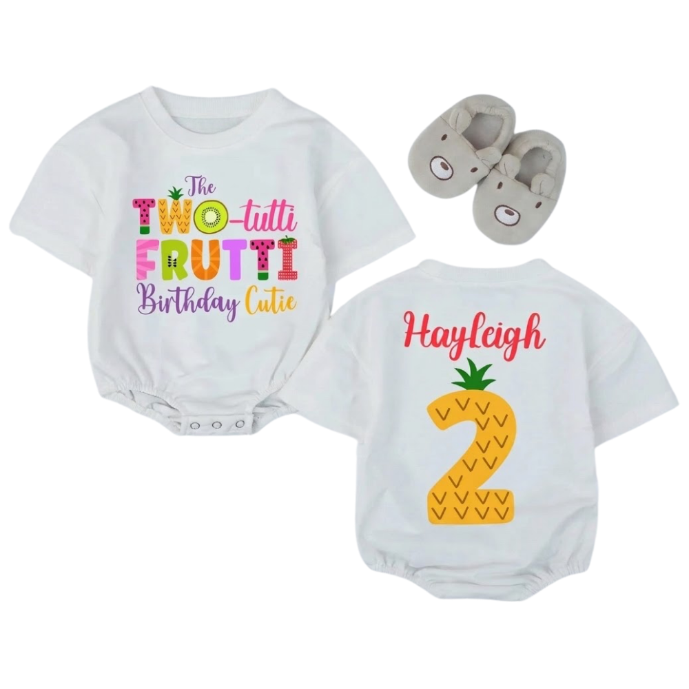 Custom The Two Tutti Frutti Birthday Cutie Baby T Shirt Bubble Romper, Custom Fruit 2nd Birthday Baby Romper BB0264