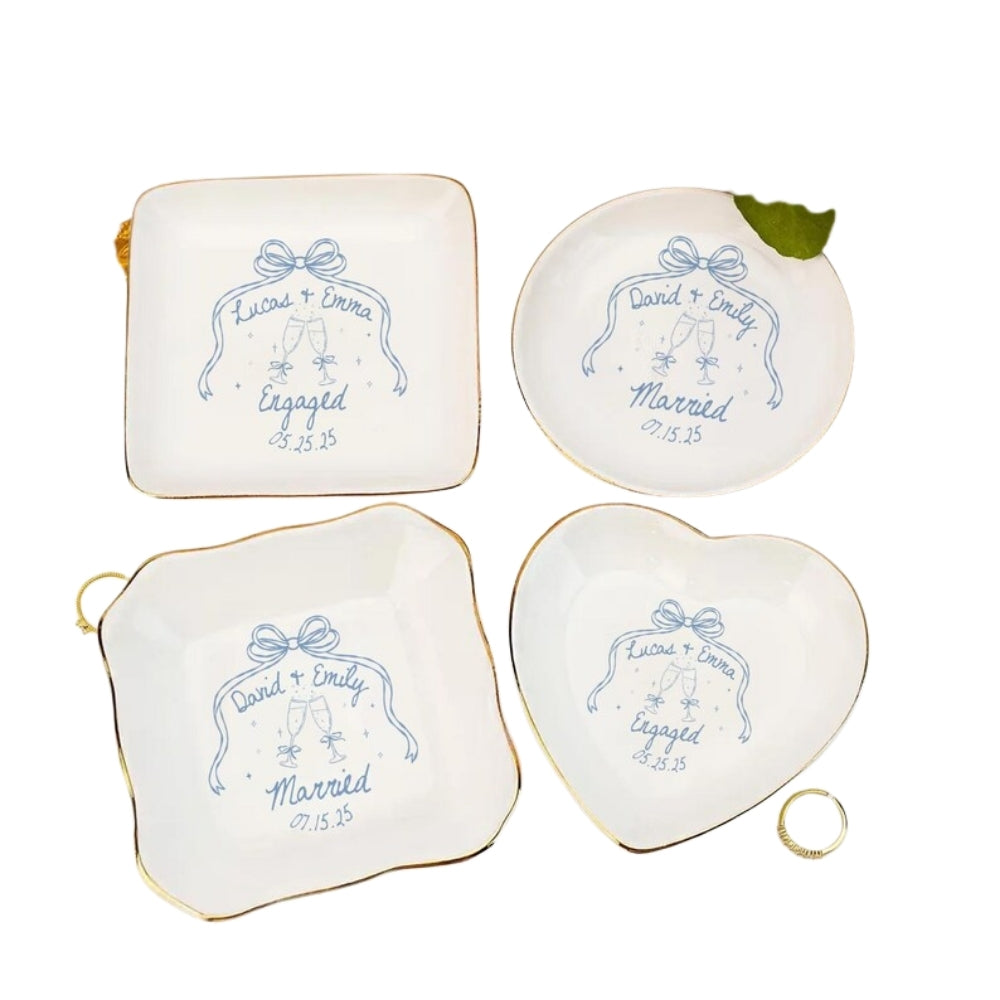 Personalized Bow Couple Engaged Married Ring Dish, Custom Engagement Jewelry Dish For Bride WD0082